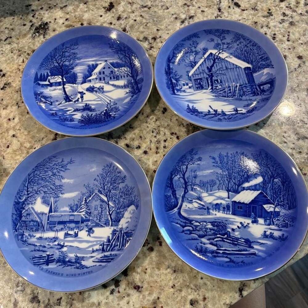 Currier & Ives Japanese Winter Scene Collector Plates Set of 4 Blue and White